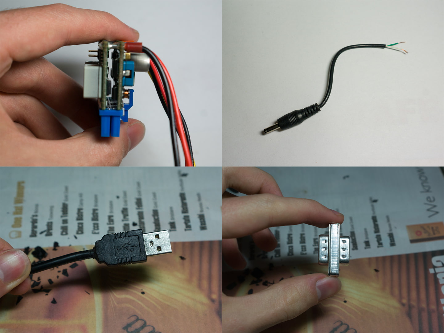 Shrinking computer parts - a tiny miniaturised power supply, cutting a USB cable's head down to have more room, a tiny audio cable, and a back-to-back VGA adaptor