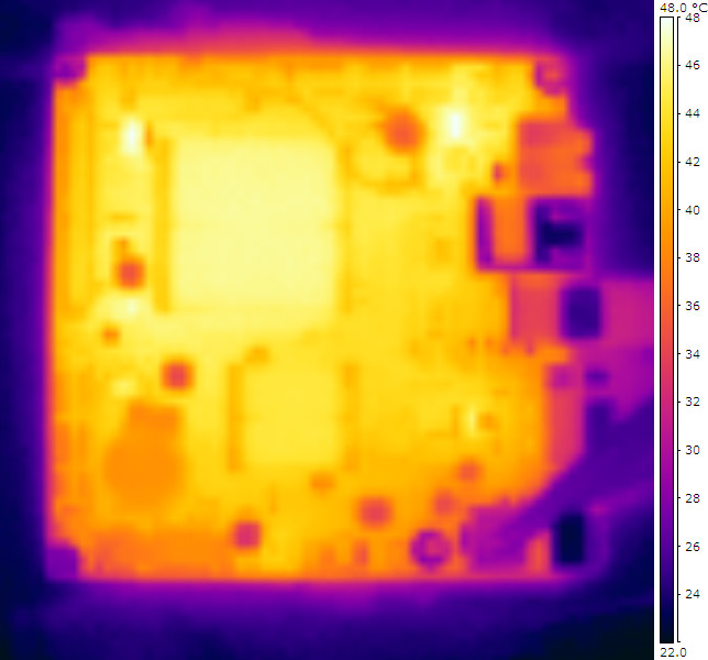 Thermal cemera view of the back of the motherboard